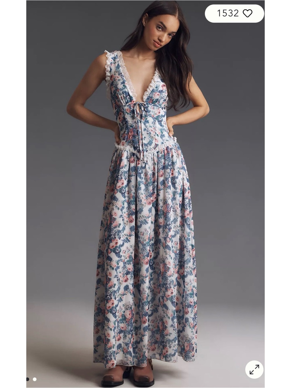 Floral Lace-Trim Maxi Dress in Blue and Pink